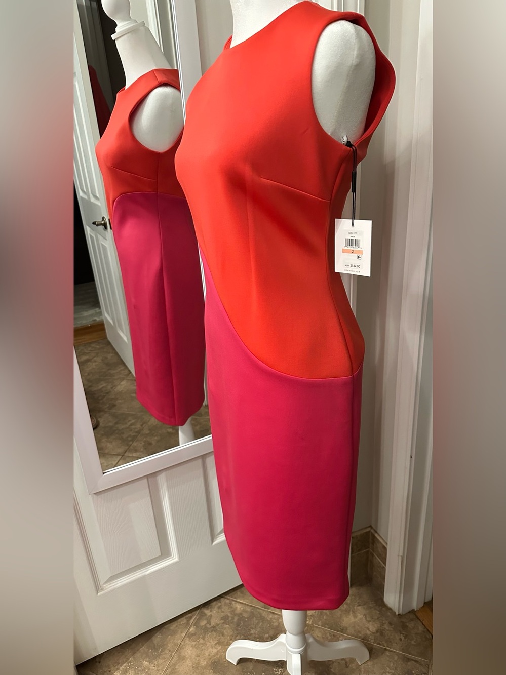 Calvin Klein Coral and Fuchsia Colorblock Midi Sheath Dress - Picture 2 of 10